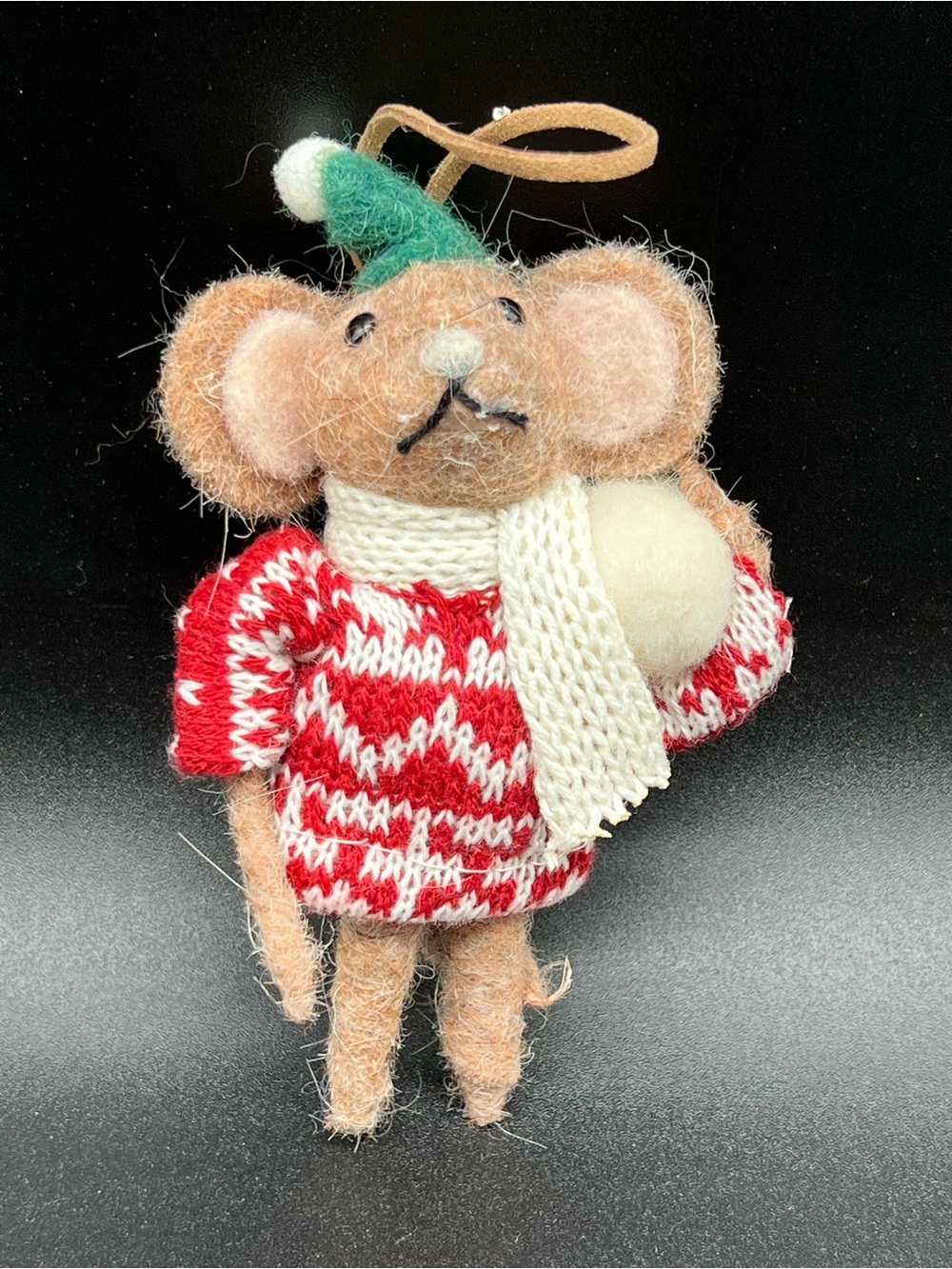 Vintage Style Felt Christmas Mouse Ornament Red White Sweater Scarf 5”